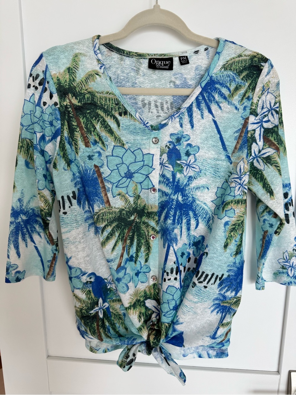 Onque Casuals Blue Green Floral Tie-Front Women's Top
